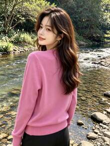 Women's Modal Turtleneck Sweater With Elastic - Watermelon Pink - View 2