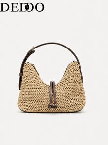 Dedoo Woven Handbag, Solid Color Pattern, Drawstring Design, Lightweight Large Capacity Bag, Bohemian Vacation Style, Beach Travel Summer Women's - Apricot - View 3