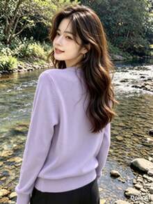 Women's Modal Turtleneck Sweater With Elastic - 淡紫色 - 查看 2