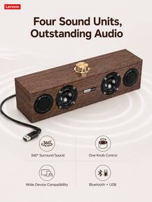 Lenovo Desktop Bluetooth Speaker With Wooden Design, USB Powered Stereo Computer Soundbar With Deep Bass For Laptop PC Gaming Music - View 4