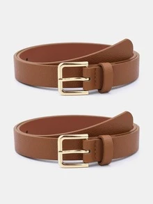 1pc/3pcs Women's Gold Square Buckle Versatile Fashion Multi-Color PU Belt Suitable For Daily Wear - Brown - View 21