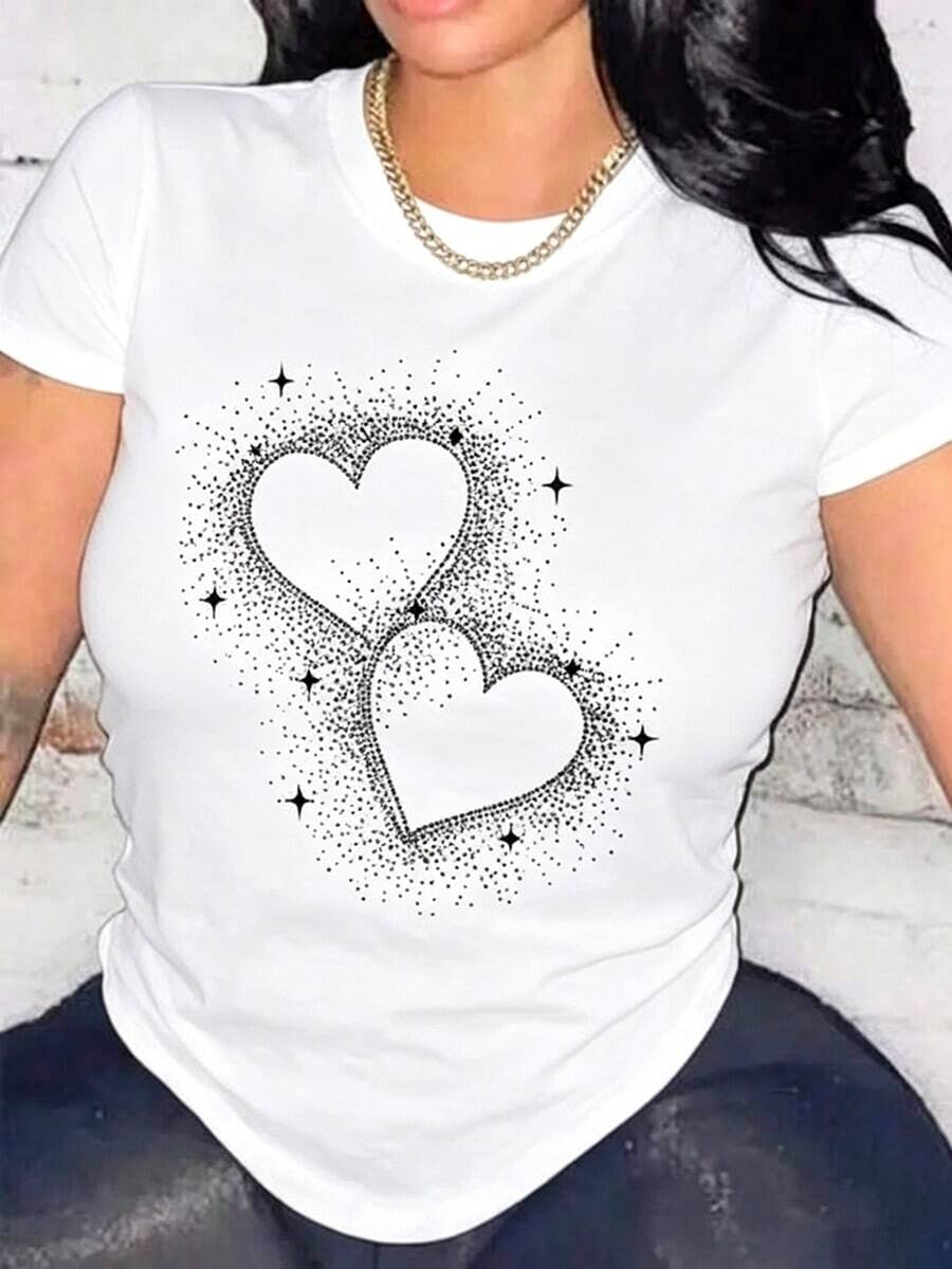 Women's Basic Short-Sleeve T-Shirt Autumn/Winter 2025 - Round Neck, Loose Fit, Stylish Butterfly Print, Soft Fabric With Excellent Drape. Super Versatile! - 白色愛心 - 查看 1