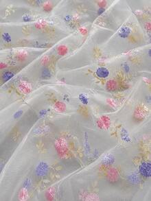 50cm / 1yd / 3yd / 5yd Transparent White Tulle Fabric – 51.1" Wide – Pink And Lavender 3D Pom Pom Floral Embroidery With Gold Vine Stems – Suitable For Princess Party Dresses, Wedding Table Decor - 1 - View 5