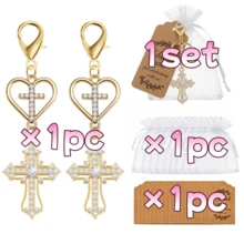 60pcs/20sets Gold Rhinestone Heart Double Cross Keychain, Guest Baptism Favor, Christian Baptism Communion Souvenir, Christian Party Decoration - Multicolor - View 10