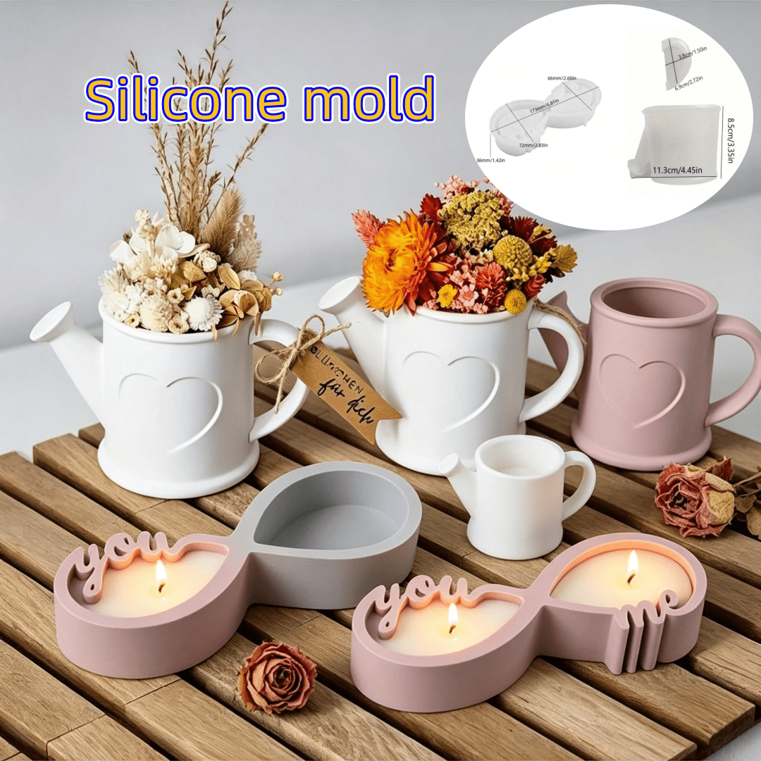 3件組 DIY 心形澆水器、花盆與蠟燭台矽膠樹脂模具，水泥石膏蠟燭杯 Love You Love Me 情侶容器收納罐模具，不對稱居家園藝植物裝飾手工模具，適用石膏與樹脂藝術桌面裝飾模具