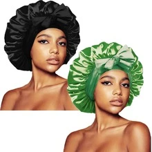 ZTZI 2Pcs Bow Decor Satin Hair Bonnet, Soft Elastic Sleep Cap, Large Size Night Hair Wrap For Curly Natural Long Hair Women - UM2pcs Bow-tie Round Hat - View 10