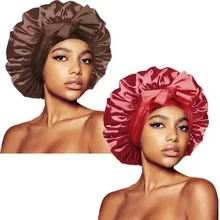 ZTZI 2Pcs Bow Decor Satin Hair Bonnet, Soft Elastic Sleep Cap, Large Size Night Hair Wrap For Curly Natural Long Hair Women - UM2pcs Bow-tie Round Hat - View 17