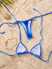 Bikini de verano nuevo con degradado azul, copa triangular con cuello halter, traje de baño de dos piezas sexy con cordones para vacaciones en la playa y fiesta en la playa - Multicolor - Ver 3