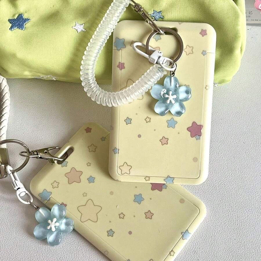 1 Set Photo Card Holder, PC Card Case K-Pop ID Holder, With Keychain And Blue Floral Charm Hard Shell Photo Protector (Yellow) - Star Pattern Card Holder + Lanyard + Pendant - View 1