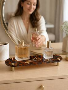 2pcs/1pc 28cm Leopard Print Desktop Storage Tray Display Rack, Luxury Vintage Jewelry Holder Perfume Cosmetic Organizer Tray, Gold Legs Small Shelf, Suitable For Bedroom Vanity, Office, Desk Drawer Side, Entryway, Nightstand And Bathroom Countertop, Used As Furniture Organizer, Hair Accessory Organizer And Daily Storage Tray To Help Keep Desktop Organized - Leopard Print - View 3