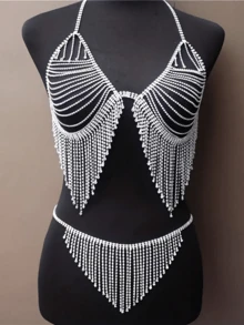 Bohemian Sexy Beach Vacation Bikini Set, Nightclub Shiny Rhinestone Bra And Panty Set With Body Chain - Silver - View 5