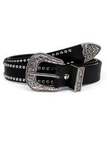 1 Stück Damen einfarbiger PU-Leder lässiger retro süßer Street Party Western Stil Nieten Gürtel, geeignet für alle Jahreszeiten - Schwarz - Übersicht 1