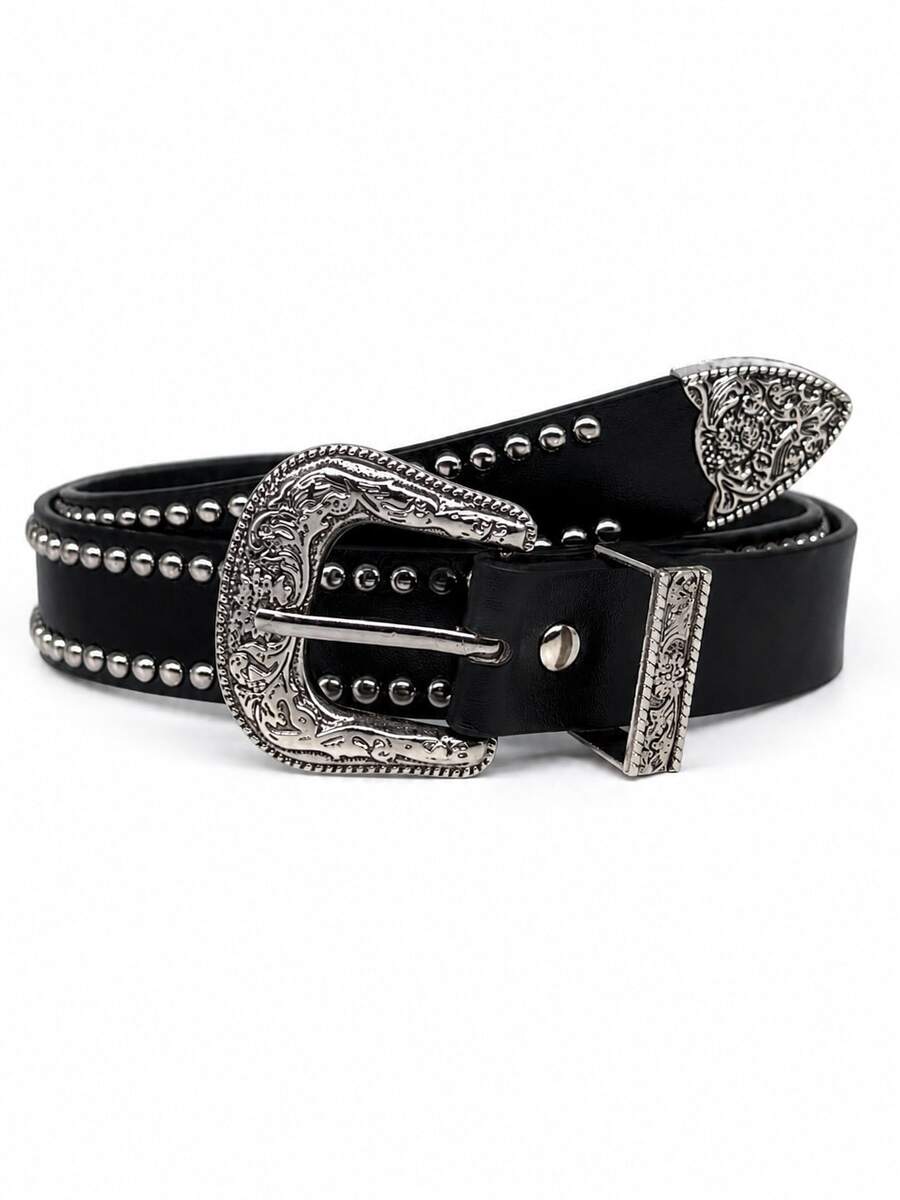 1 Stück Damen einfarbiger PU-Leder lässiger retro süßer Street Party Western Stil Nieten Gürtel, geeignet für alle Jahreszeiten - Schwarz - Übersicht 1