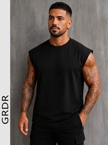 GRDR 男士夏季纯色圆领休闲宽松背心 - 黑色 - 查看 2