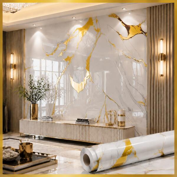 1 Roll Luxury Gilt Marble Peel And Stick Wallpaper, Modern Style Waterproof Self-Adhesive Wallpaper, Used For Bedroom Kitchen Living Room TV Background Wall Decor, Cabinet Desktop Home Decor, White Wall Stickers, Desktop Stickers, Wallpaper Roll