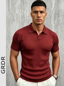 GRDR 男士夏季針織 Polo 衫，純色短袖針織領，適合夏季外出，時尚穿搭必備 - 酒紅色 - 查看 7