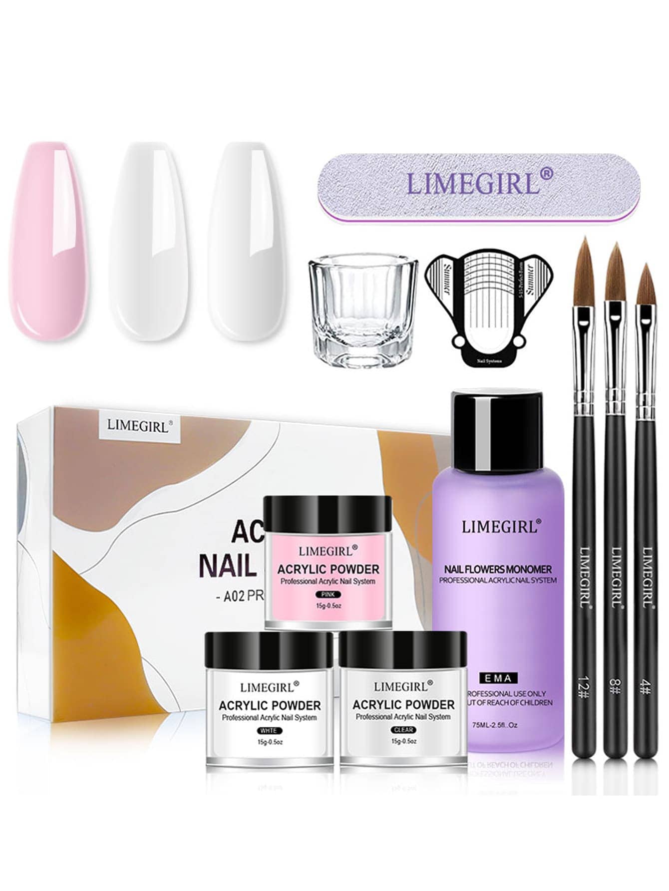 LIMEGIRL 專業級壓克力美甲套組,3件組壓克力粉與EMA單體液體套件,含3支壓克力美甲刷、美甲模具、浸漬盤與美甲锉,沙龍級美甲接長套組,適合DIY與專業人士使用 - 彩色 - 查看 1