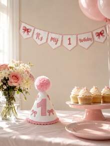 女嬰 1 歲生日帽，粉色蝴蝶結與毛球派對帽，1 歲生日蛋糕砸碎拍照道具 - 粉色 - 查看 8
