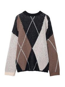 GDDYIN Women's Argyle Pattern Pullover Sweater Long Sleeve High Stretch Polyester For Fall Winter, Regular Length Casual Jumper, Cozy Fall Women's - Brown - View 8