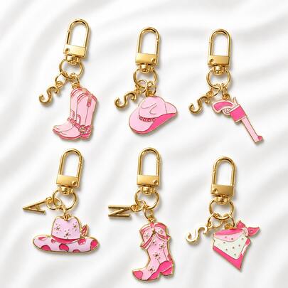 Customized Initial Western Cowgirl Style Keychain, Metal Key Ring With Hat And Boot Charms, Cute Country Style Star-Shaped Boot And Hat Keychain, Equestrian Style Keychain For Cowgirl Theme Party, Birthday Party And Wedding Favors