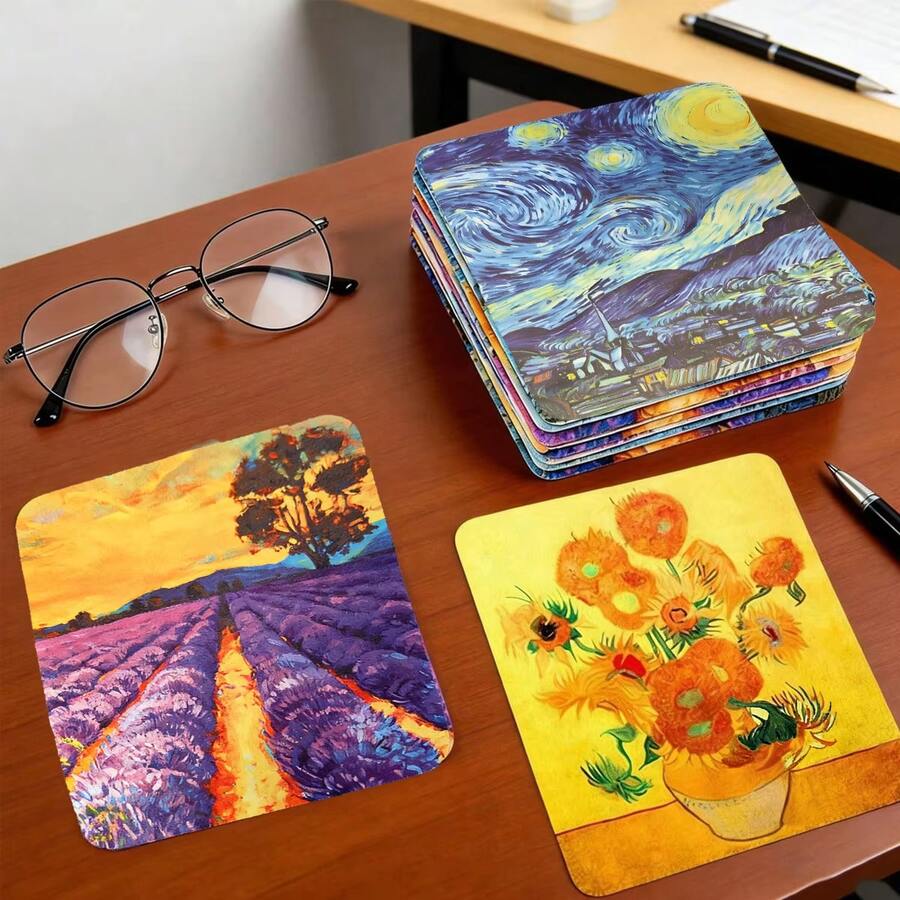 Van Gogh Art Print Microfiber Glasses Cleaning Cloth, 4pcs, Starry Night & Sunflower Pattern, Reusable Glasses Camera Phone Screen Lens Wiping Cloth - Multicolor - View 1