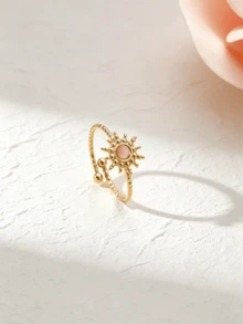 1件時尚14K鍍金多巴胺風格不鏽鋼太陽天然石裝飾開口戒指，適合女性日常配戴、禮物、防水飾品、優雅金戒指、女性飾品 - 彩色 - 查看 1