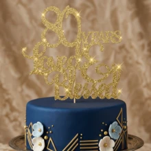 1pc 80th Birthday Cake Topper, Gold Glitter "80 Years Loved & Blessed" Cake Decoration For Anniversary Party, Elegant Birthday Party Supplies - Multicolor - View 3