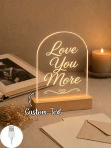 1件客製化拱形壓克力LED燈，附個性化文字「Love You More」透明愛心飾板與溫潤木質底座，浪漫床頭小夜燈，情侶週年、婚禮、情人節禮物，附禮盒，臥室書桌裝飾 - 多色(款式5) - 查看 4