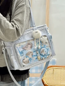 1件日式軟妹清新百搭女款單肩包，高品質尼龍材質搭配滿版星星印花，蕾絲飾邊增添優雅細節，2D JK 動漫展 DIY 透明裝飾包，雙側口袋透明層日常休閒大容量托特包，輕量學生書包，可愛甜美風格女包，尼龍防水布料 Ita 包，適合展示動漫周邊、動漫展、購物、派對、旅行 - 藍色 - 查看 5