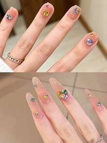 12 Grids Colorful Nail Art Rhinestones, Pink Pointed Bottom Round Pearl, Christmas Colors Transparent Rhinestone Jewel Nail Decorations, DIY Nail Art Supplies Nails Nail Gems - Multicolor - View 6