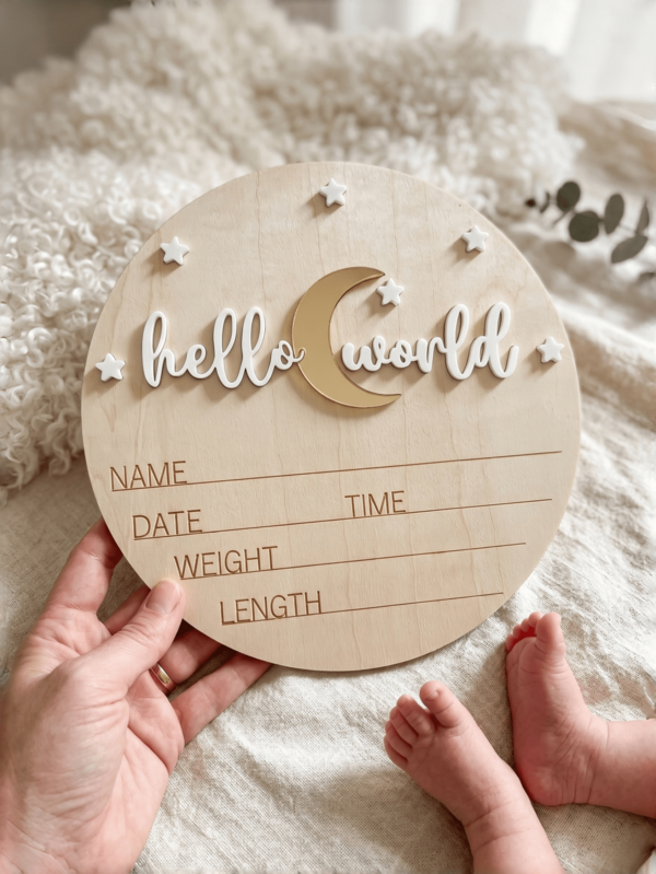 Hello World 出生公告牌 – 木製新生兒出生數據牌，嬰兒姓名公告牌，啞光白色壓克力 Hello World 木製牌