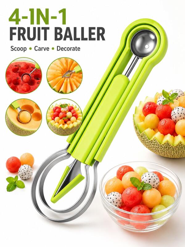 2PCS    4-In-1 Melon Baller Scoop Set - Stainless Steel Fruit Carving Tools, Watermelon Scooper & Baller Fruit Bowls & Party Platters (Green)