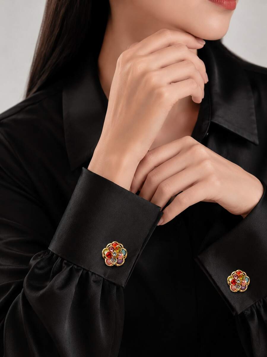 2pcs French Rainbow Rhinestone Flower Cufflinks, Premium Shirt Buttons Decorative Buttons, Niche Exquisite Shirt Buttons Decorative Buttons, Daily Commute / Banquet Universal Accessories, Wedding / Banquet Versatile Accessories - Multicolor - View 1