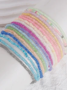 12pcs Bohemian Beach Vacation Colorful Seed Bead Glow-In-The-Dark Elastic Anklet Set For Women - Multicolor - View 5