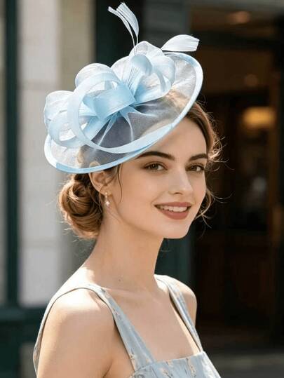 1 pièce Fascinateur élégant vintage français en organza bleu clair pour femmes, accessoire pour courses de chevaux, thé de l'après-midi, robe de mariée, convient pour les coiffures relevées, mi-relevées, cheveux courts, luxueux, élégant, exquis, flexible à porter