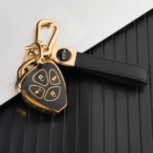 Soft TPU Full Coverage Anti-Drop Gold Edge Premium Key Case With Leather Keychain For Camry, Corolla, Highlander, Reiz, RAV4, Vios, Levin Car Key, Car Decoration Accessory - Key Cover + Car Emblem Cord - View 10
