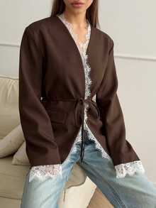 Women's Brown Lace Trim Blazer With Belt, Slim Fit Long Sleeve, Suitable For Autumn/Winter Casual Wear - Brown - View 1