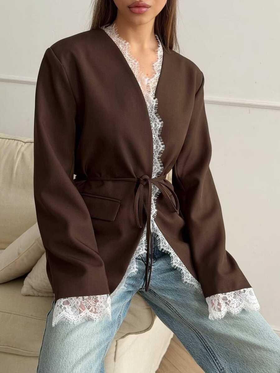 Women's Brown Lace Trim Blazer With Belt, Slim Fit Long Sleeve, Suitable For Autumn/Winter Casual Wear - Brown - View 1