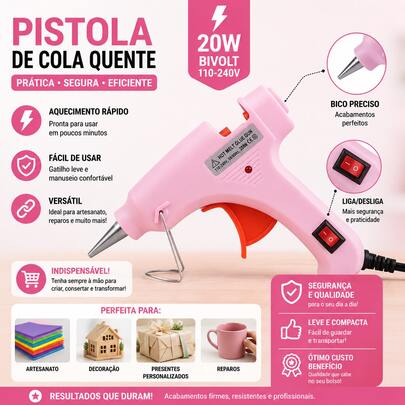 Pistola de Cola Quente Colorida Profissional 20W Bivolt Para Artesanato