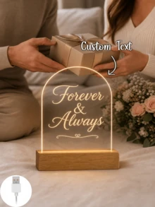 1件個性化拱形壓克力LED小夜燈，可客製文字，Forever & Always Love 牌飾搭配溫潤木質底座，浪漫情侶紀念燈，週年紀念、婚禮、情人節禮物，USB供電，臥室床頭櫃家居裝飾 - 多色(款式3) - 查看 3
