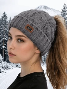 1 pièce Bonnet tricoté ouvert pour femmes, automne/hiver, élégant, polyvalent, coupe-vent, chaud, doublé thermique, grande circonférence de tête, convient pour le port quotidien en extérieur - Multicolore - Voir 4