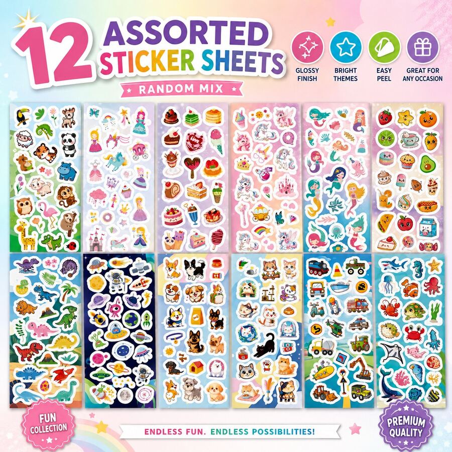 2026-12 Sheets Kids Sticker Pack, Animal Dinosaur Unicorn Mermaid Ocean Space Stickers, Classroom Rewards, School Supplies, Scrapbook Diary Decoration, Back To School Gift Choice, Birthday Gift Creative - Multicolor - View 1