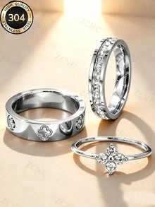 3pcs/Set Silver Premium Luxury Stackable Rings, 304 Stainless Steel Rust-Proof Waterproof Hypoallergenic Lucky Jewelry, Graduation Birthday Anniversary Valentine's Day Christmas Gift For Her - Silver - View 4