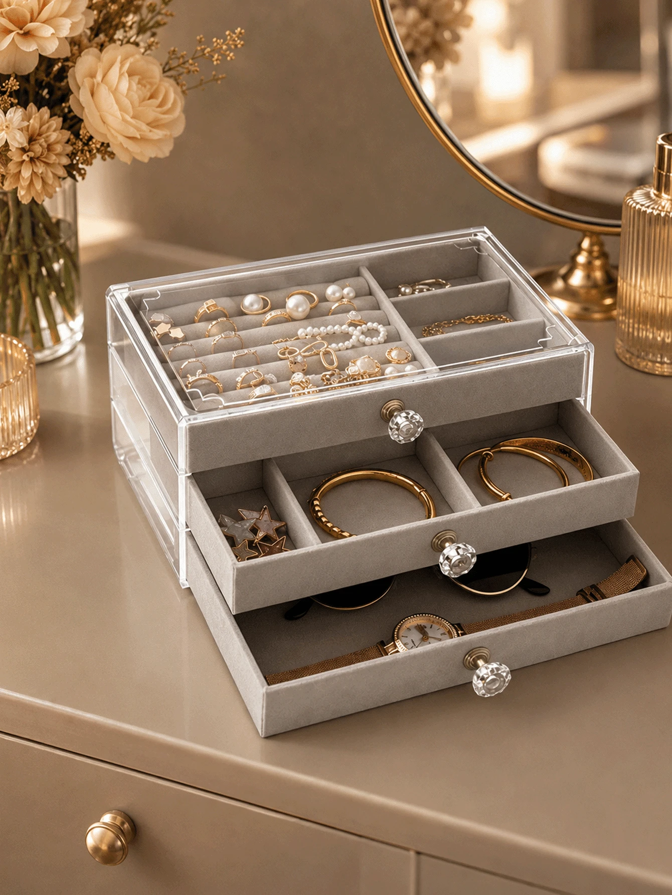 Aesthetic Jewelry Boxes And Storage Boxes With 3-Tier Velvet Drawers For Visible Organization Heavy-Duty Jewelry Box For Minimalist Lovers Space-Savin - Multicolor - View 1