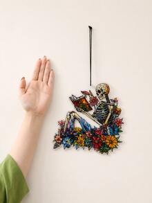 1pc Skull Solar Powered Window Hanging Decor, Floral Skull Reading Book Acrylic Pendant, Gothic Halloween Wall Decoration, Colorful Bohemian Witch Style Window Ornament, Spooky Home Room Porch Door Decor, Horror Fan Seasonal Gift, Garden Style Art Decoration - Style 1 - View 6
