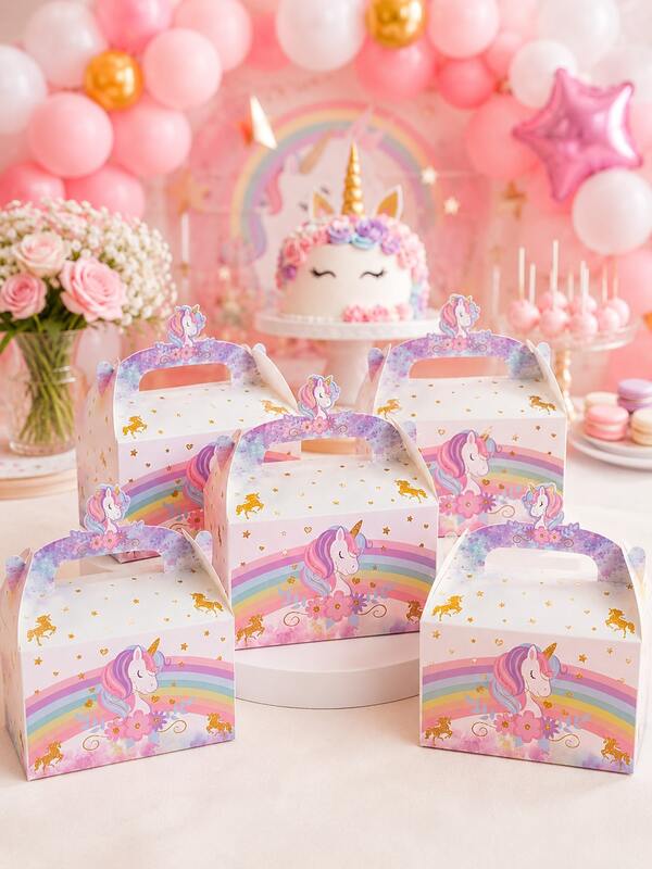 6/12pcs Unicorn Party Favor Boxes, Rainbow Candy & Snack Gift Boxes, Girls Birthday Party Supplies, Kids Birthday Decoration, Party Favors