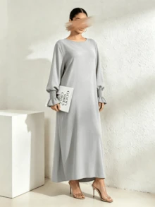 Arabian Style Women's Long Robe Dress, Solid Color Long Sleeve Plus Size Robe, Elastic Cuffs, Conservative Casual Loose Kaftan, Islamic Muslim Dubai Abaya - Multicolor - View 8
