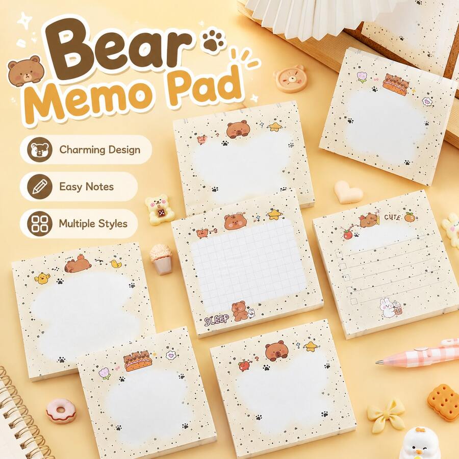 2026-1pc-Cute Bear Sticky Notes Set For Kids, Memo Pad Collection, Journal Planner Accessories, Classroom Supplies, Back To School Gift Choice, Birthday Gift Idea