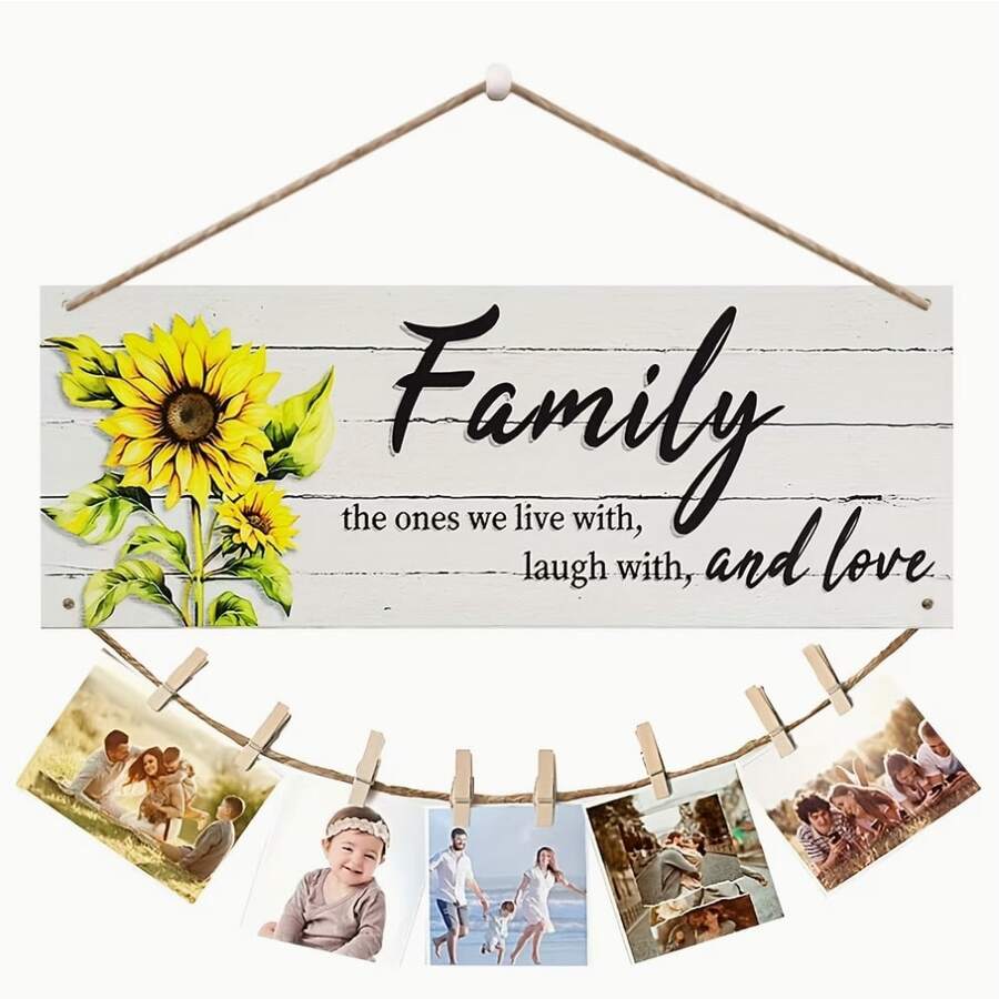 2D Flat, 1 Set Rustic Wooden Photo Display Frame, Family Theme Wall Decor With Clips, Suitable For Home Decoration, New Home Gift, Farmhouse Style Lightweight Design, Home Decor - A - View 1