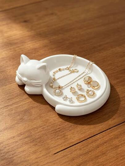 Sleeping Cat Tray-Shaped Jewelry Organizer Box,Cat-Shaped Desktop Storage Tray, Suitable For Desk, Dresser, Shelf Decor/Compact Storage For Cat Lovers/Desktop Accessory Holder For Office Organization